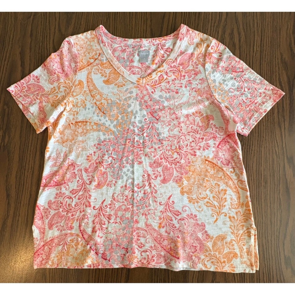 Chicos Women Size 2/Large Orange Pink Paisley Cotton Modal V-Neck Short Sleeve🧡